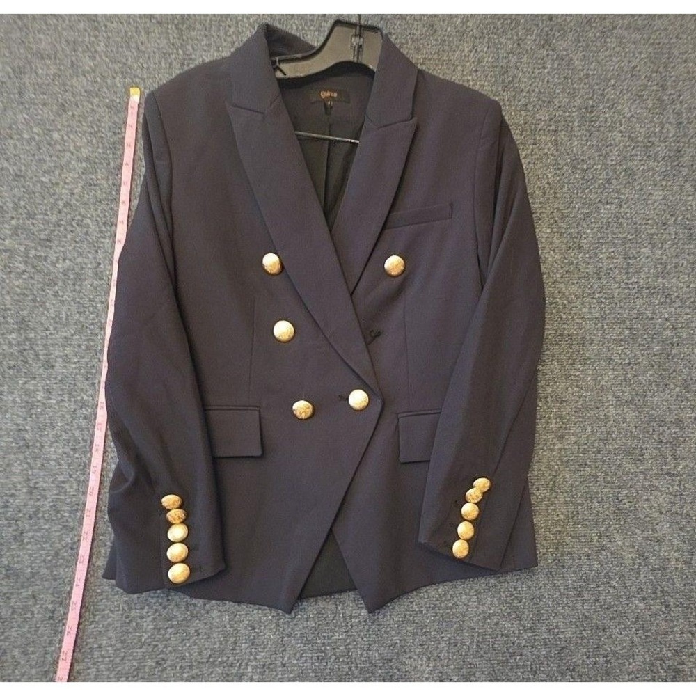 Quince Blazer Women M Navy Double Breasted Gold Button Lined Stretch Jacket Flaw